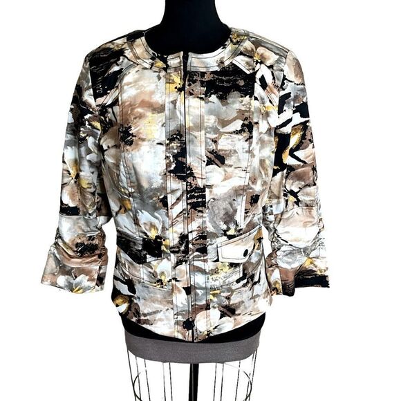 Coldwater Creek Women’s Brown Floral Zip Jacket Size 8 Ruched 3/4 Sleeves - Picture 1 of 16